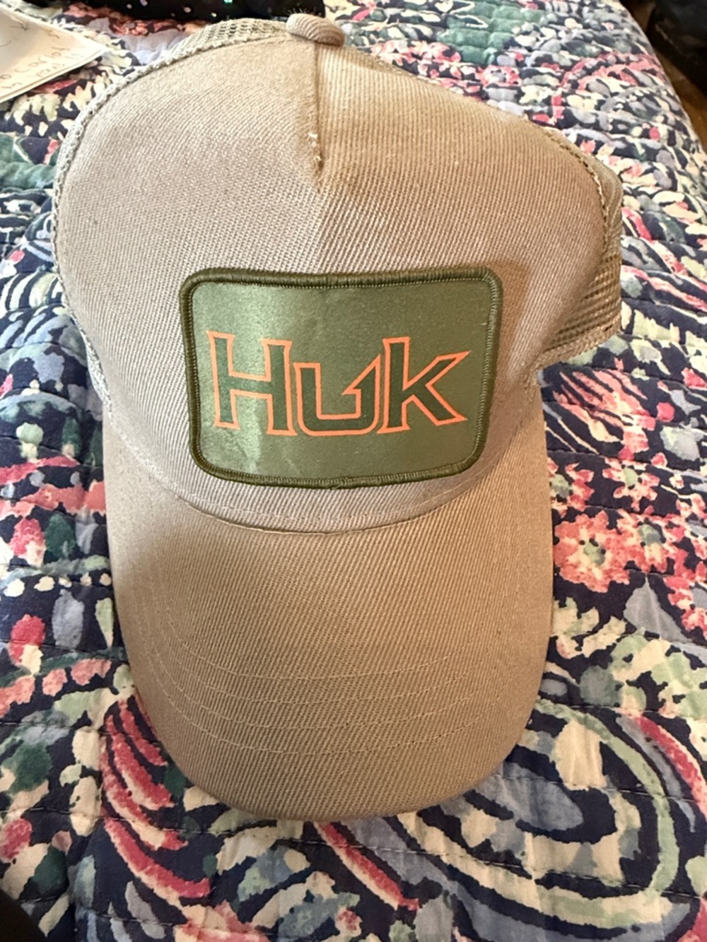 Huk Taupe Trucker Hat with Olive Patch and Orange Logo